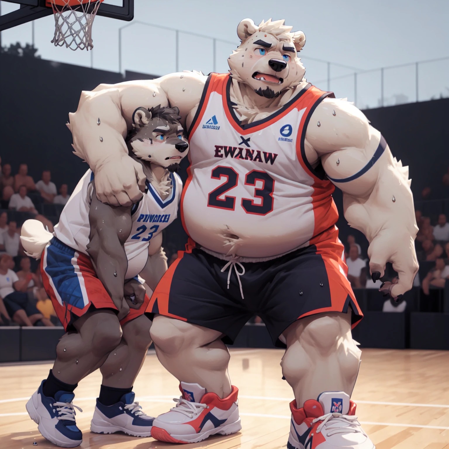 New Jersey 5 Hairy,polar bear,Full body portrait of an individual,exquisite, chubby,Fat,thick arms,Rugged muscles,Naked from the waist down,White plush fur,chubby脸,black eyebrows,sky blue eyes,beard,basketball jersey,Soaked shorts,sneakers,sweating,basketball court,play basketball