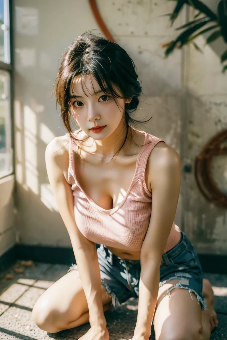 柔Light, 1 girl, sexy mature 39 yo thailand korean mixed woman ,Shorts and knit top, navel, artwork, CG station trends, art of photography, depth of field, Light, Graffiti on the wall, details details, Extremely beautiful facial features, facial focus, eyelash, blush, Kneeling on the ground, dynamic poses,huge breasts, nice clevelage , detail skin, sexy sensual confident look to camera