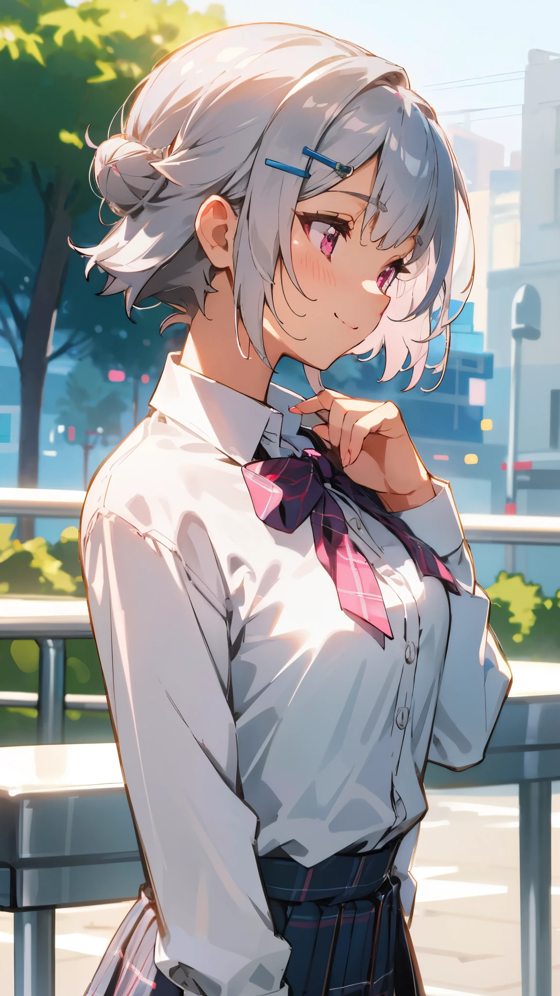 silver short hair and bob hair、I tied my hair in a bun with a hair clip..、pink eyes、white blouse shirt、tartan check skirt、smile、profile、upper body close-up、sharp outline、Morning Cafe Terrace、background bokeh、written boundary depth