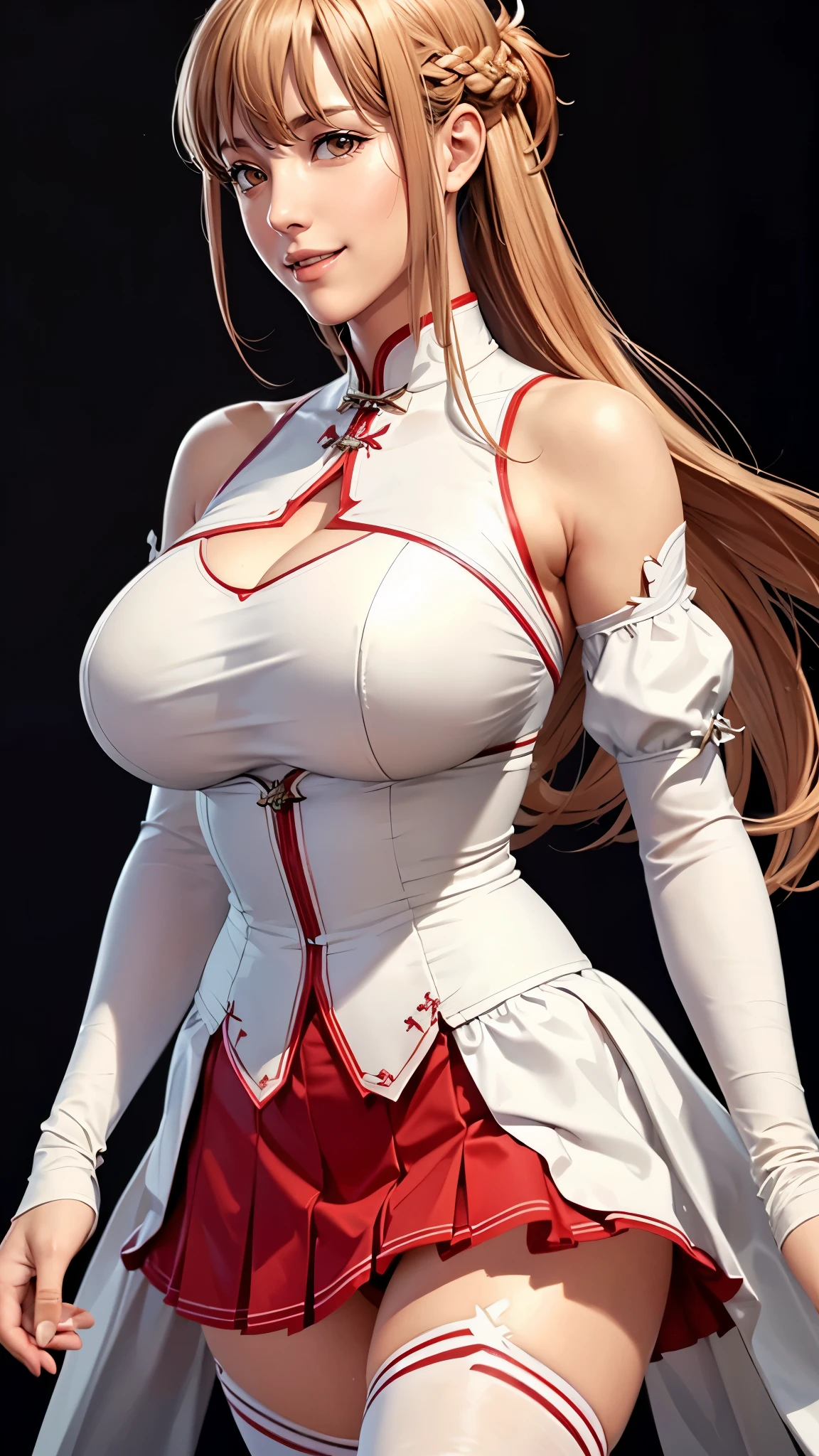 (((完美figure,figure,bare shoulders, armor, breastplate, white sleeves, detached sleeves, red skirt, pleated skirt,white thighhighs, (((aaasuna, long hair, brown hair, braid, brown eyes, )))((masterpiece)),high resolution, ((Best quality at best)),masterpiece,quality,Best quality,((( Exquisite facial features,looking at the audience,There is light in the eyes,(Happy, smile, open your mouth and smile),))),型figure:1.7))),(((Interlacing of light and shadow,huge boobs))),(((looking into camera,black background,))))