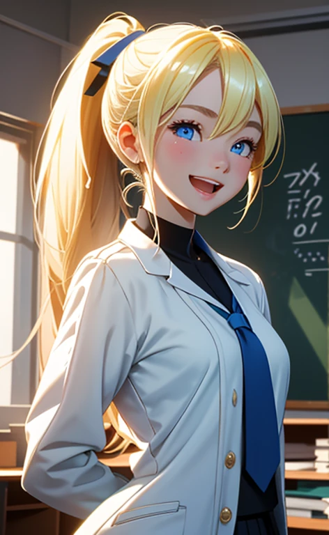 (realistic:1.4、masterpiece、top-quality、8k size wallpaper、offcial art)、(character focus、,upper body:1.6)、(1girl),(light smile,Open mouth:1.3),(half closed eyes),cute face,blue eyes、(arms behind back:1.3)、
,(stand),(Shining smile),
,(slender),(school uniform),(ponytail、long fluorescence blonde hair1.3), (small breasts)、
、fluorescence、classroom,JK、