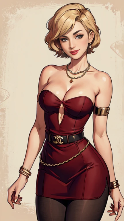 1woman 30year old, pin-up,solo, straight short hair in chanel style, looking at viewer, cleavage, bare shoulders, beautifil face,shy smile, jewelry, medium breasts, earrings, colored soft dress, pantyhose,belt, necklace, bracelet, lips, armlet