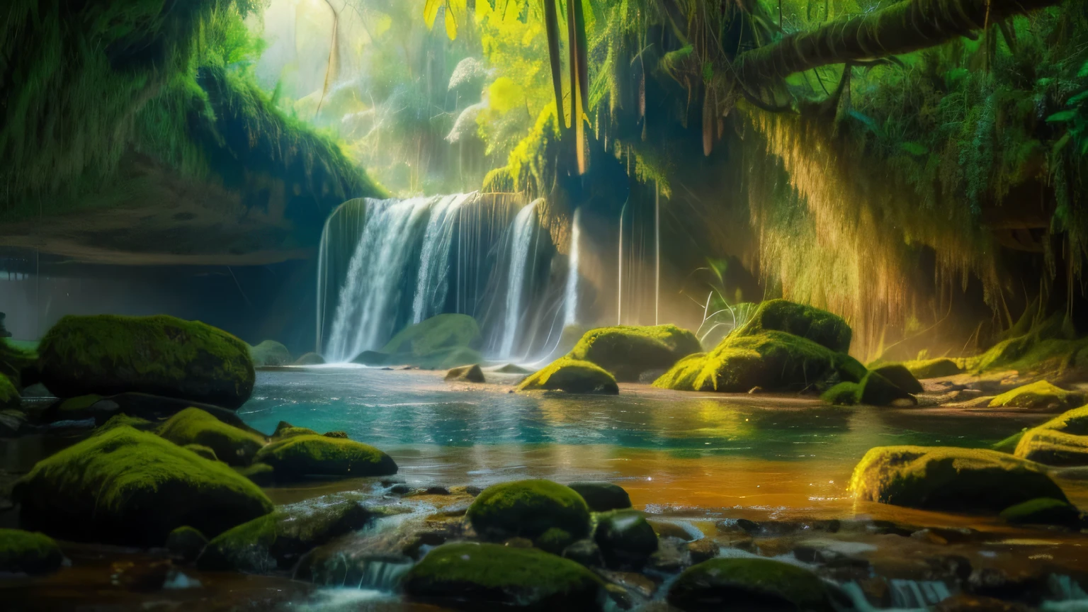 Inside an ancient jungle waterfall , In striking panoramic style, Fantastic images