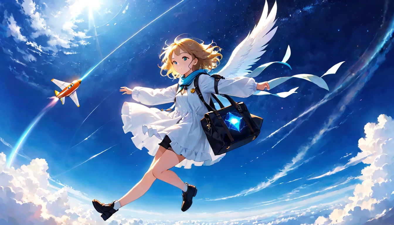 girl flying in the sky,bag,deep blue sky,Atmosphere,Cosmic radiation