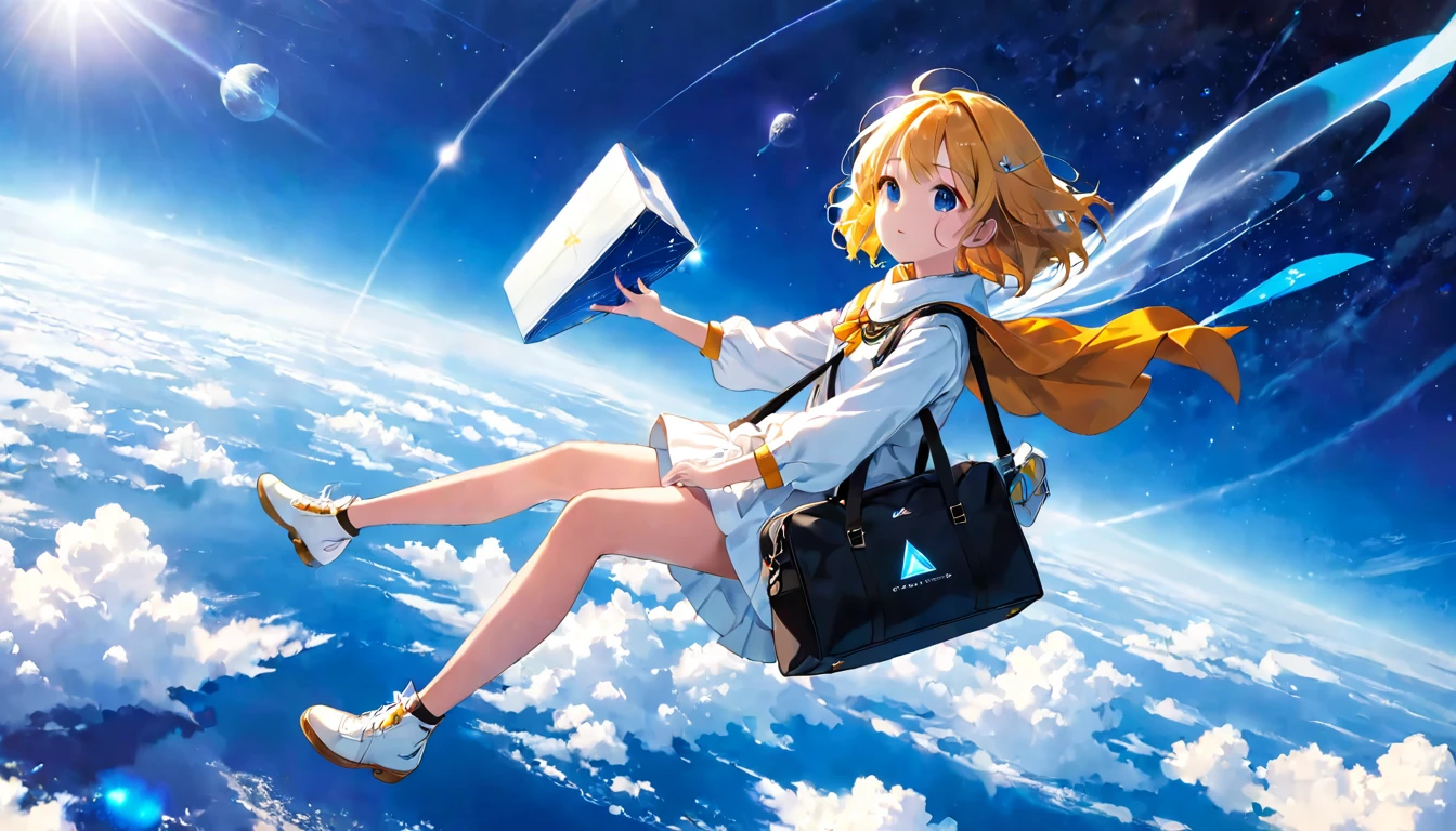 girl flying in the sky,bag,deep blue sky,Atmosphere,Cosmic radiation