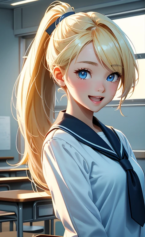 (realistic:1.4、masterpiece、top-quality、8k size wallpaper、offcial art)、(character focus、,upper body:1.6)、(1girl),(light smile,Open mouth:1.3),(half closed eyes),cute face,blue eyes、(arms behind back:1.3)、
,(stand),(Shining smile),
,(slender),(school uniform),(ponytail、long fluorescence blonde hair1.3), (small breasts)、
、fluorescence、classroom,JK、