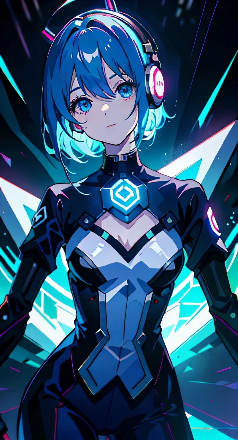 Anime girl medium hair, wearing a suit, Sharp Eyes、Looking down from above、grinning face、 blue hair, Overall shot in neon style, whole body、 Large headphones、cool pose