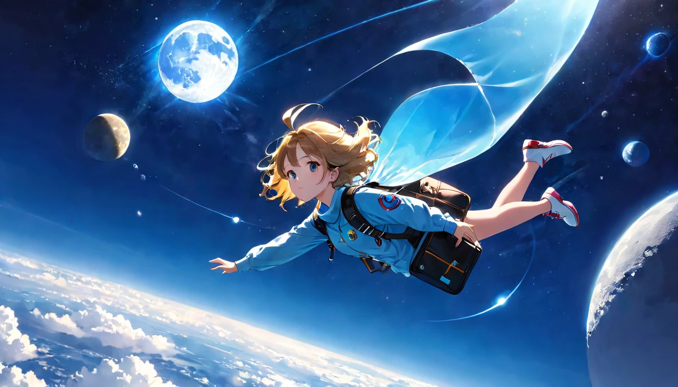 girl flying in the sky,bag,deep blue sky,Atmosphere,Cosmic radiation,blue Moon
