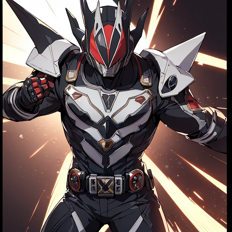 ((masterpiece,best quality)), absurdres, Kamen_Rider_Black_RX, solo, smiling, looking at viewer, cowboy shot, cinematic composition, dynamic pose, kick, final blow,