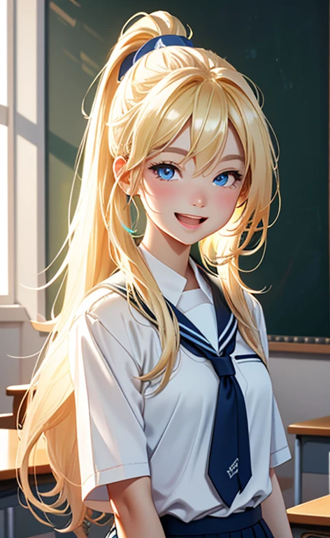 (realistic:1.4、masterpiece、top-quality、8k size wallpaper、offcial art)、(character focus、,upper body:1.6)、(1girl),(light smile,Open mouth:1.3),(half closed eyes),cute face,blue eyes、(arms behind back:1.3)、
,(stand),(Shining smile),
,(slender),(school uniform),(ponytail、long fluorescence blonde hair1.3), (small breasts)、
、fluorescence、classroom,JK、