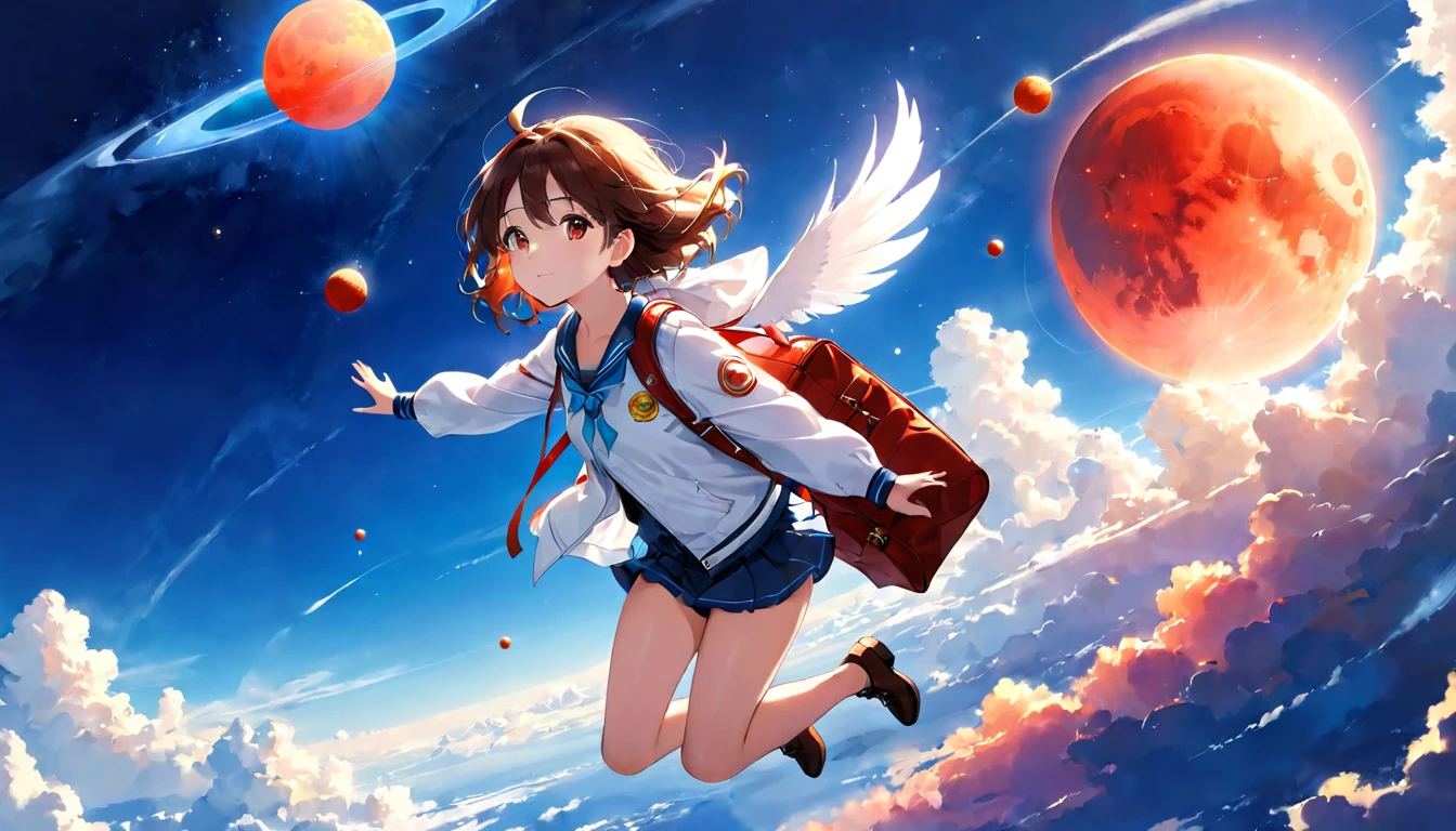 girl flying in the sky,bag,deep blue sky,Atmosphere,Cosmic radiation,blue Moon,red sun