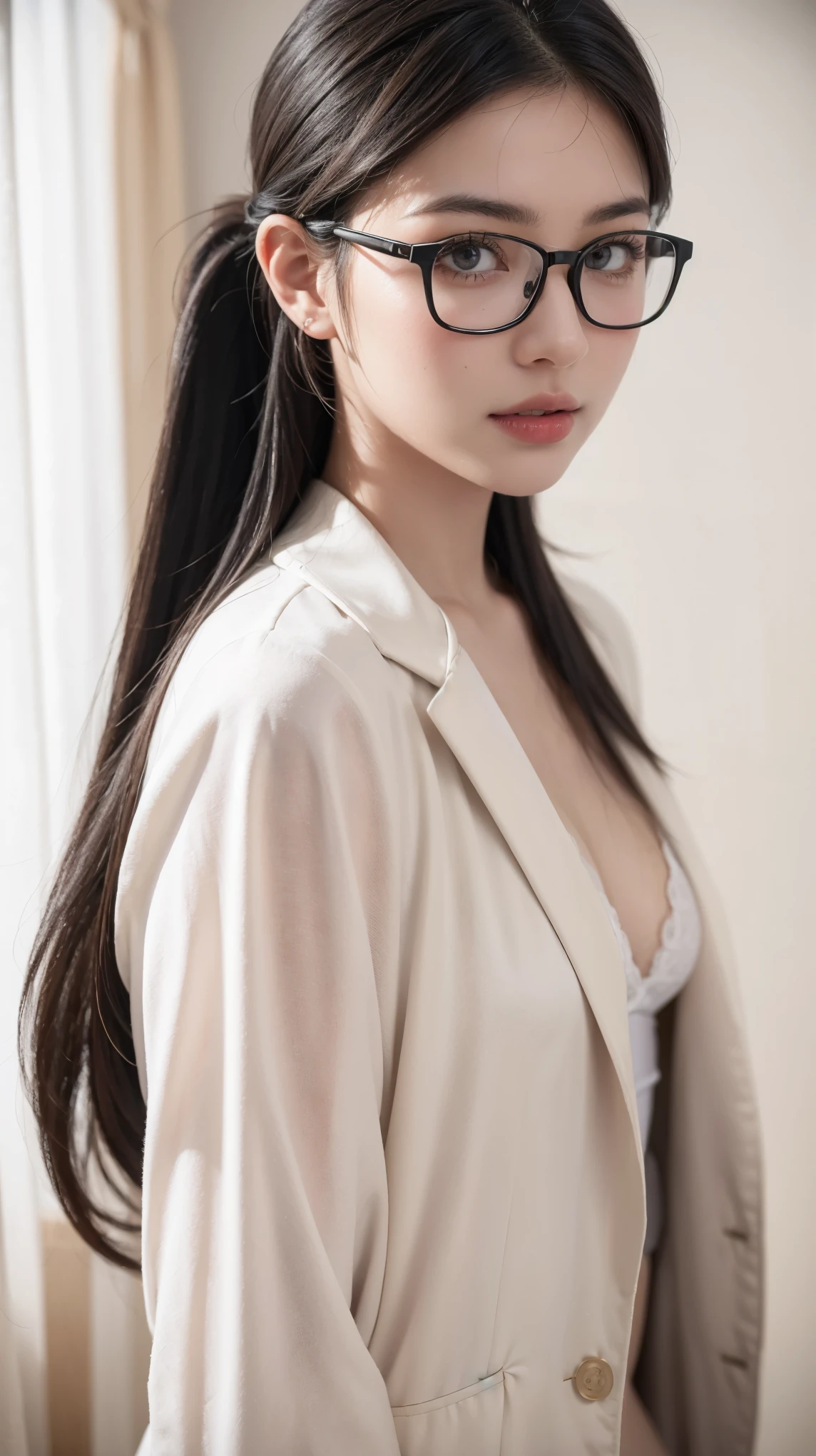 ((best quality)), ((masterpiece)), (detailed), (photorealistic:1.4), best quality, masterpiece, ultra high res, 1girl, (detailed face:1.2), (detailed eyes:1.2), (detailed hair:1.2), (detailed clothes:1.2), 4k, (detailed color:1.2), perfect face, beautiful body, pretty face, ager female, perfect body, Ultra-high detail, Photorealism, Intimate atmosphere, flowing light, black straight hair, ponytail, glasses, white lingerie, black coat, unbuttoned coat, at the office, seductive