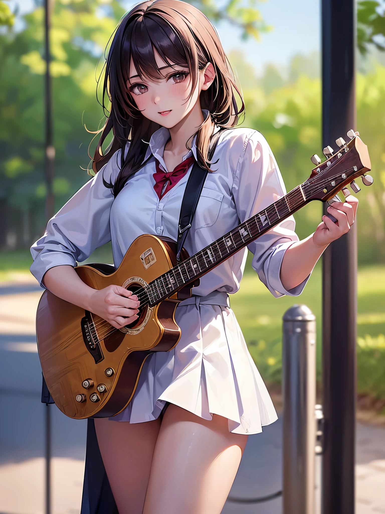 ((highest quality)),(ultra high resolution),(Super detailed),(detailed description),((The best CG)),(best work of art),super precision art,amazing drawing art,(Art with precise details:1.5), (high school girl:1.5), Learning to play the guitar on campus after school。Midsummer