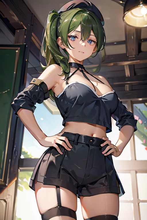 ubel,dark green hair,long hair,side ponytail,hair between eyes,bangs, BREAK (beret, black jacket, open clothes, cleavage, midriff, black shorts, black thighhighs, thigh strap, fingerless gloves, single glove:1.2) BREAK blurry background, BREAK pose, hand on hip, BREAK (masterpiece:1.2), best quality, high resolution, unity 8k wallpaper, (illustration:0.8), (beautiful detailed eyes:1.6), extremely detailed face, perfect lighting, extremely detailed CG, (perfect hands, perfect anatomy),
