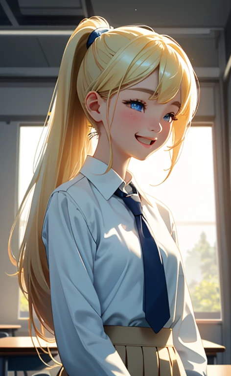 (realistic:1.4、​masterpiece、top-quality、8k size wallpaper、offcial art)、(character focus、,upper body:1.6)、(1girl),(light smile,Open mouth:1.3),(half closed eyes),cute face,blue eyes、(arms behind back:1.3)、
,(stand),(Shining smile),
,(slender),(school uniform),(ponytail、long fluorescence blonde hair1.3), (small breasts)、
、fluorescence、classroom,JK、