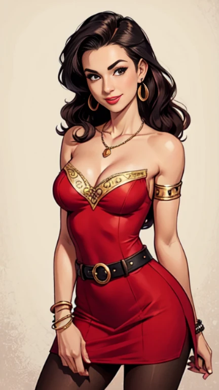 1woman 30year old, pin-up,solo, straight hair, looking at viewer, cleavage, bare shoulders, beautifil face,shy smile, jewelry, medium breasts, earrings, colored soft dress, pantyhose,belt, necklace, bracelet, lips, armlet,((dynamic angle))