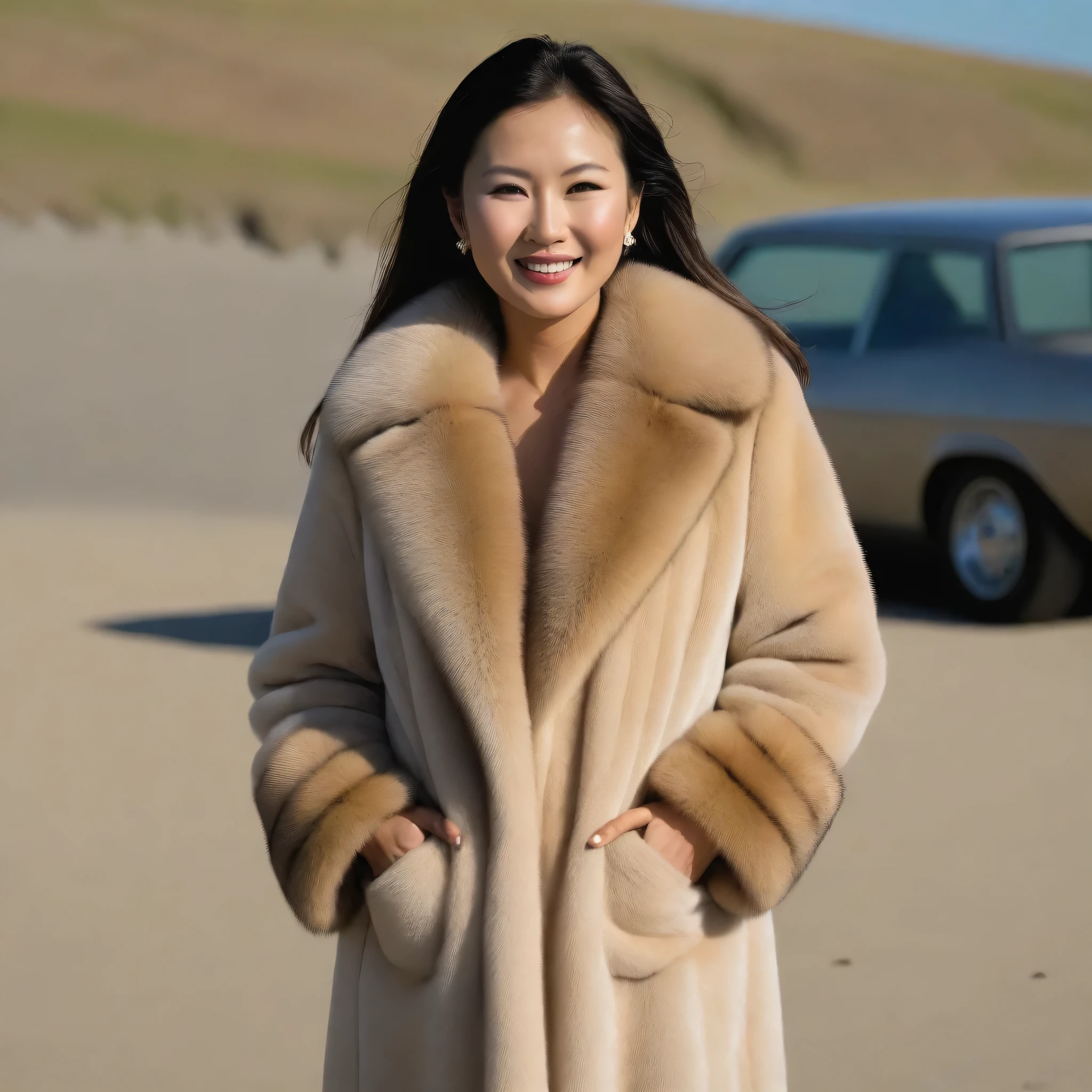 A very long light brown and sand mink fur coat with a huge, very thick fur collar on MILF , asiatique , she is completely naked and clutches her mink fur coat in her hands around her neck , sous le soleil ,Pebble Beach concours d’élégance automobile, elle est souriante et radieuse , elle regarde la camera en riant
