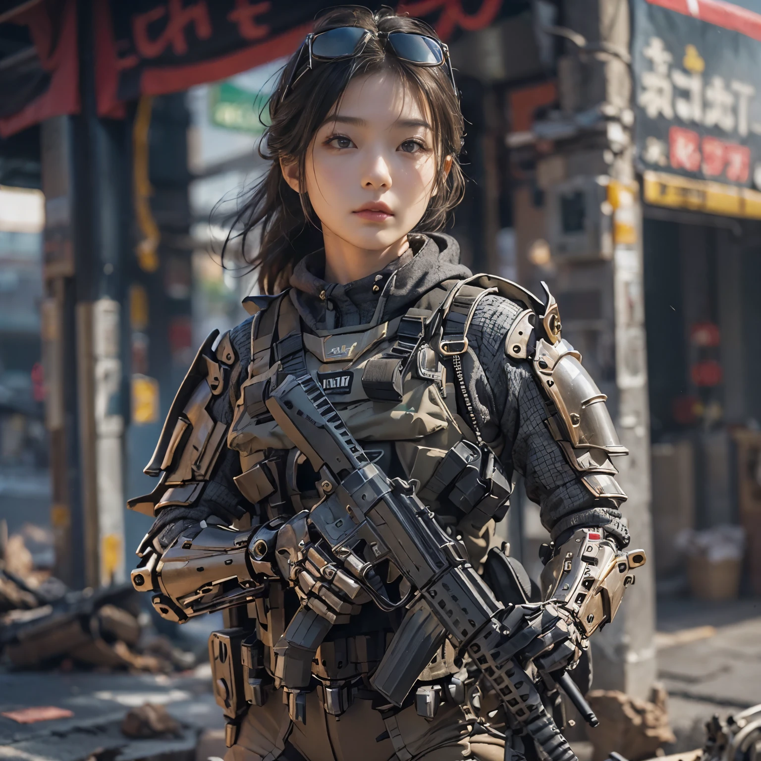 (masterpiece, best quality:1.2), (8k uhd, 16k, 32k, ultra high res), (photorealistic:1.37), (RAW photo), ultimate-realistic, ultimate-realistic details, ultimate-realistic texture, ultimate-intricate details, ultimate-realistic lighting, ultimate-realistic shadow, japanese girl, ultimate-cute face, ultimate-RAW skin, ultimate-realistic eyes, (mechanical:1.4), (armor), full body, wide shot, Special Forces, Heavy Equipment, Assault Rifles, Return fire, Urban