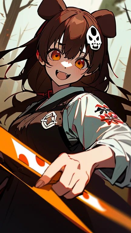 (highest quality), 1 girl, :d, head tilt, inugami korone, brown hair, dog ears,((dark forest)),((Horror Live)),(She is holding a flashlight),((She has a terrified look on her face)),(She's on the run from a killer),((1 male,I have a chainsaw,Chasing a girl,The man is wearing an Eisfocke mask)),
