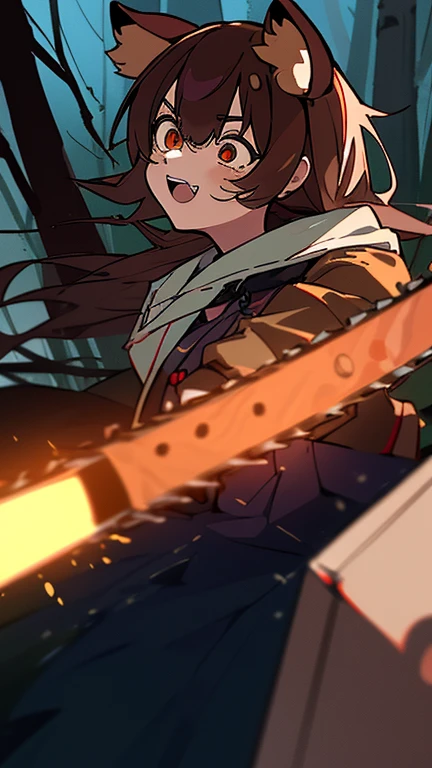(highest quality), 1 girl, :d, head tilt, inugami korone, brown hair, dog ears,((dark forest)),((Horror Live)),(She is holding a flashlight),((She has a terrified look on her face)),(She's on the run from a killer),((1 male,I have a chainsaw,Chasing a girl,The man is wearing an Eisfocke mask)),