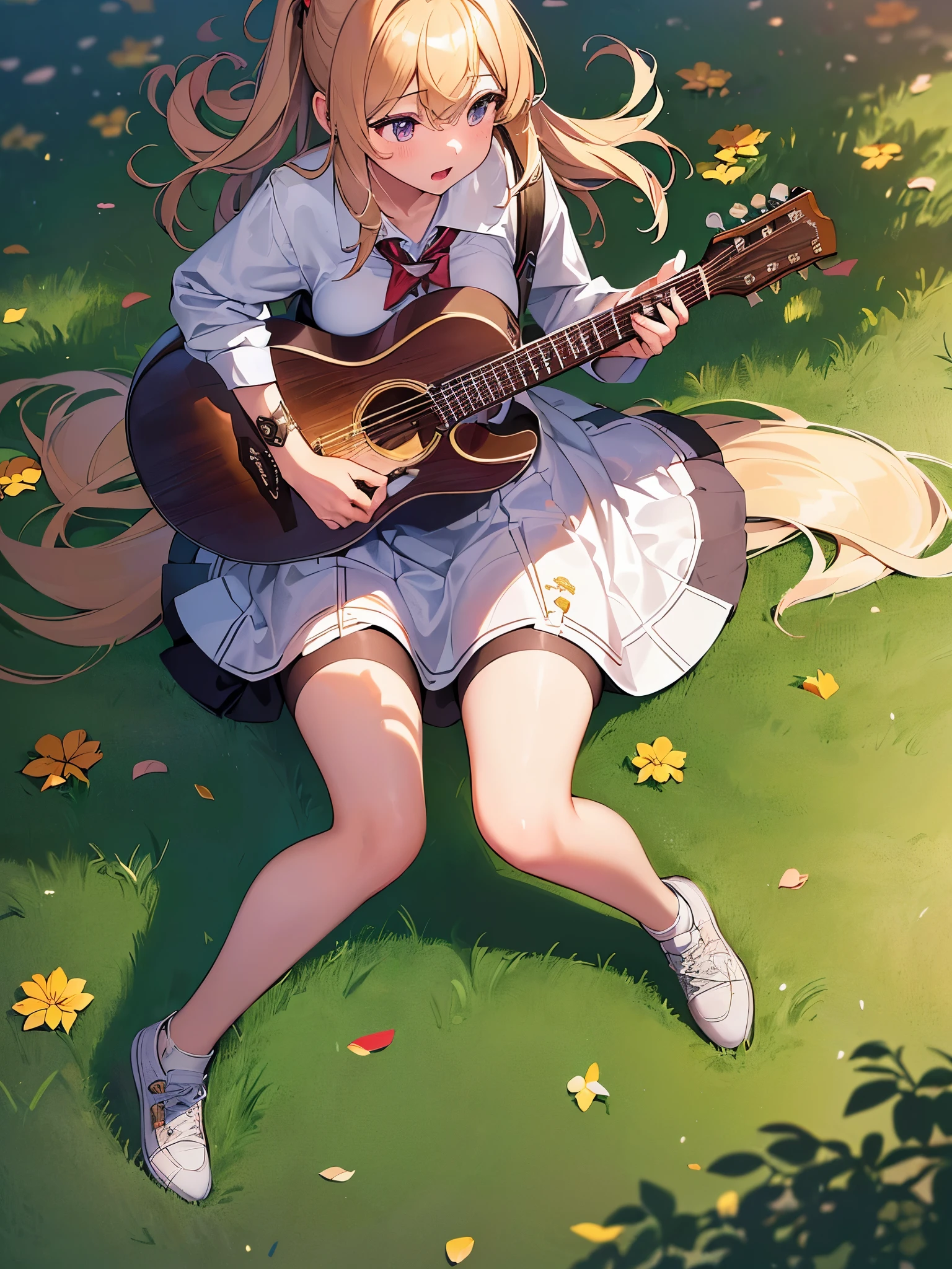 ((highest quality)),(ultra high resolution),(Super detailed),(detailed description),((The best CG)),(best work of art),super precision art,amazing drawing art,(Art with precise details:1.5), (high school girl:1.5), Learning to play the guitar on campus after school。Midsummer