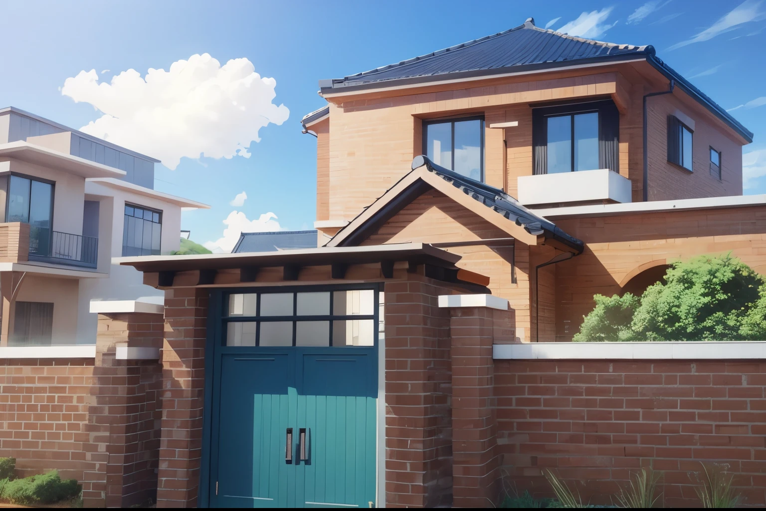 modern house made of brick anime background