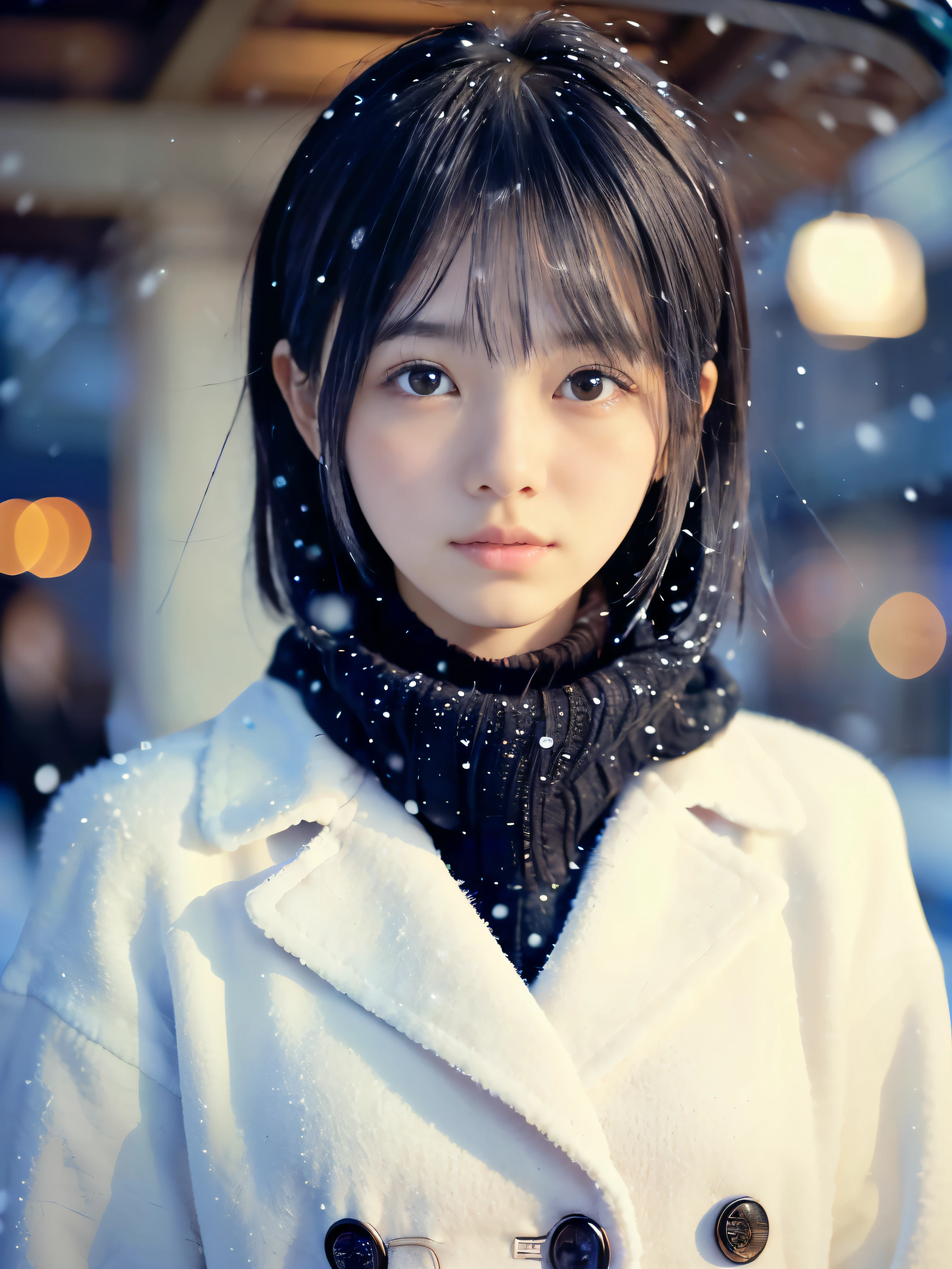 (Close up face shot of slender small-breasted black medium hair with bangs girl wearing a white long coat, black scarf and knit sweater in the night:1.5)、(One girl is walking with face down on the station platform in Japan in winter snowing midnight:1.5)、(Snowing midnight:1.5)、(blurred background:1.5)、(perfect anatomy:1.5)、(Photorealistic stick:1.5)、(Raw photo:1.3)、(highest quality:1.5)、(High resolution:1.3)、(Delicate and beautiful perfect face:1.3)、(Delicate and beautiful eye air skin:1.3)、(Real Human Skin:1.3)