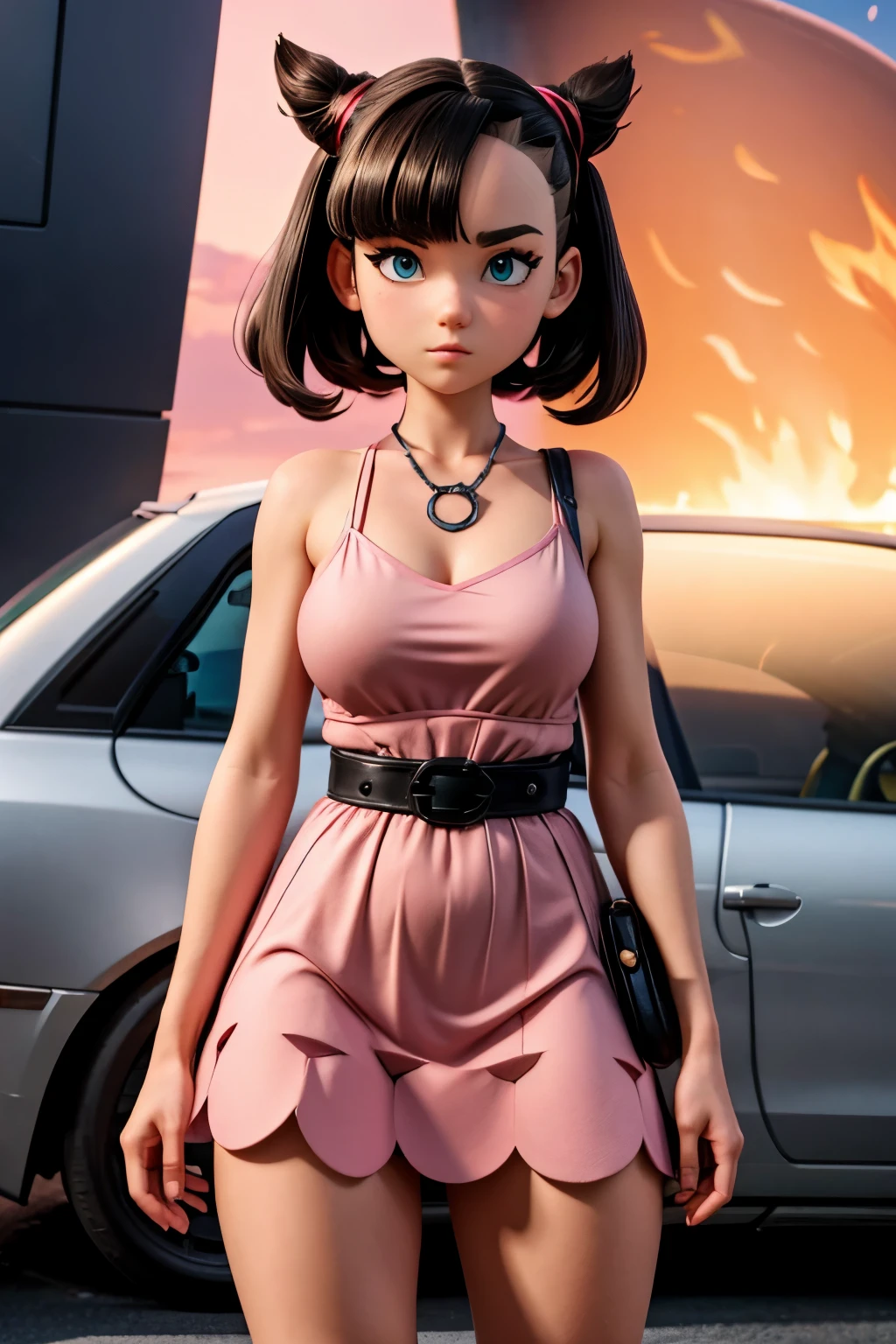 ((masterpiece, best quality)) Marnie, (pokemon), cutesexyrobutts, in a pink dress and black jacket, pokemon trainer outfit, single character full body, realistic girl wearing a Pink dress, only head and shoulders, russian woman, adult woman, hyperrealistic, style boobapad, cyberpunk city background, upper body, portrait, breast focus, 1girl, breasts, large breasts, asymmetrical bangs, asymmetrical hair , bangs, huge breasts.