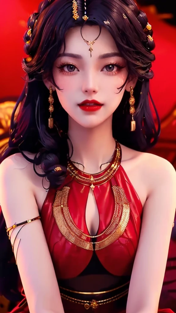1 Beautiful and sexy 20 year old girl, aldult, ((Wearing an ultra-thin red dress:1.6)), Diamond Dress, ((purple black hair:1.6)), Bangs, Exquisite jewelry made from gemstones and beautiful hair, ((Wearing a black lace necklace:1.4))), The noble temperament of a very beautiful girl, Super cute little face, Very beautiful face, Sparse eyebrows, flawless beautiful face, ((dark circles pupils: 0.8)), ((very beautiful dark eyes: 1.6)), Beautiful makeup and detailed hairstyle, eyelash, wet eye makeup , high nose, earrings, red lips, ((Keep your mouth shut: 1.5 )) beautiful lips, slender hands, rosy face, clean face, flawless beautiful face, Light滑白皙的皮肤, (big breasts: 1.5)), ((breast enlargement: 1.6)), beautiful cleavage, ( ((Big and round breasts: 100%))), ((super firm breasts: 100%)), beautiful , Perfect body, (((posture sitting, Reclining,arms behind: 1.5))), ((Hold your chest out: 1.5)), don't be shy, 8k photos, super high quality, Surreal, Super 10x pixels, Light学的, bright studio, Light edge, two-tone Light, (High detail skin:1.2), Ultra 8K, soft Light, high quality, volumetric Light, Light学的, high Light学的 resolution, Light, The most beautiful photo, 4K, 8K quality, Blur effect, smooth sharpness, 10 x pixels, ((Flower red background:1.5)), 极Light, Lightning, Surreal graphics, The most realistic graphics , alone, alone, Extremely sharp, Surreal image, (((frontal portrait: 1.4)))."