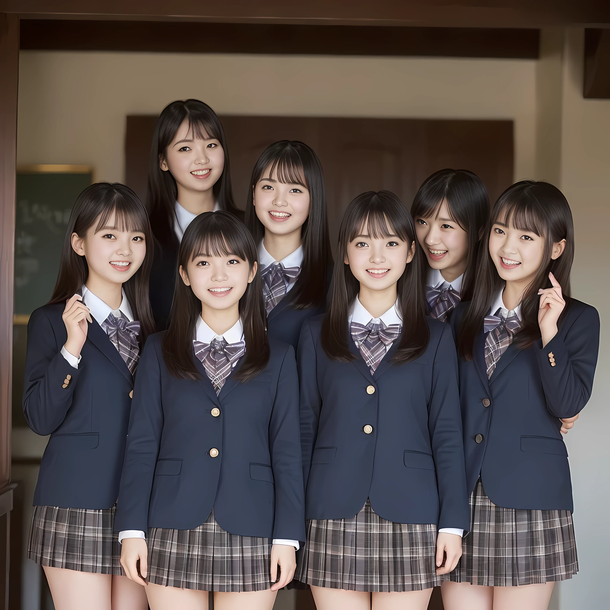 (highest quality、masterpiece:1.2)、highest quality、realistic、photograph、High resolution、1080p、8K、The face is especially pale., physical rendering、(((((３A 15-year-old Japanese girl fashion model with a height of 155cm is appealing to readers how cute she is in her uniform.))))), , (((big very detailed beautiful dark brown eyes))), ((blue girly large wine-red glossy polyester Japanese school ribbon bow tie)), (((black very beautiful and very very long straight hair))), ((((deep blue colored tartan checkered formal long pleated pleated skirt)))), ((A unpatterned formal dark blue blazer in solid that is slightly oversized and has an emblem on the left chest.)), (((((((all girls are laughing at me!))))))), mouth is open, The large blazer and skirt are very cute., detailed fingers, Slender body, ((curled bangs)), so beautiful, ((Very big and very very very cute eyes of a Japanese girl)), ((large pupils)), double eyelids, The entire skirt is photographed, thin eyebrows, ((drooping eyes)), (((very long eyelashes))), ((cute lovely lovely laughing laughing cheeks)), ((Pure white light hits her face from above and in the front, making her skin and eyes shine beautifully.)), ((Strong light hits the nose and cheeks、It brings out the richness of the expression.)), (((((Her face is expressive, pure and very intelligent.))))), (((All the girls are watching the audience))), (((((At a very gorgeous room)))))