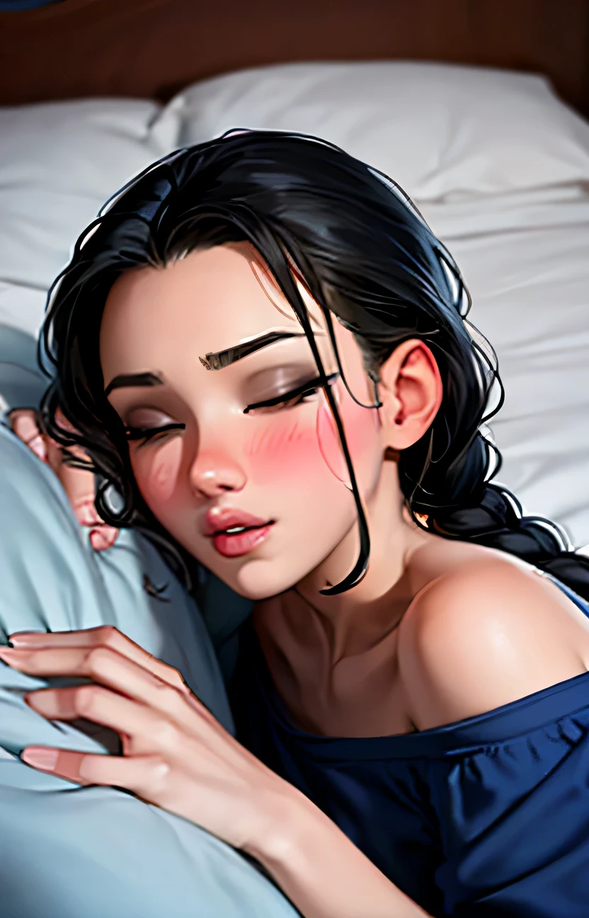 Sexy woman, black hair, single braid, long forehead, eyes closed, lips parted, deepest blush, flustered, lustful, off shoulder olive green t shirt and blue short shorts, lying on bed, very seductive, aroused, head on pillow, facing up
