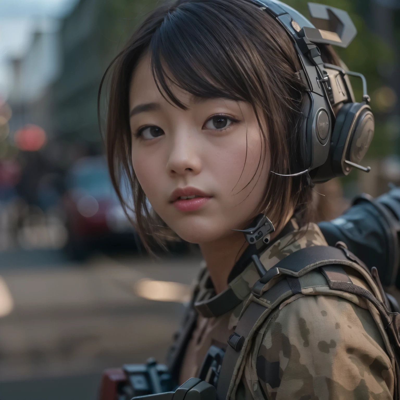 (masterpiece, best quality:1.2), (8k uhd, 16k, 32k, ultra high res), (photorealistic:1.37), (RAW photo), ultimate-realistic, ultimate-realistic details, ultimate-realistic texture, ultimate-intricate details, ultimate-realistic lighting, ultimate-realistic shadow, japanese girl, ultimate-cute face, ultimate-RAW skin, ultimate-realistic eyes, (mechanical:1.4), (armor), full body, wide shot, Special Forces, Heavy Equipment, Assault Rifles, Return fire, Urban