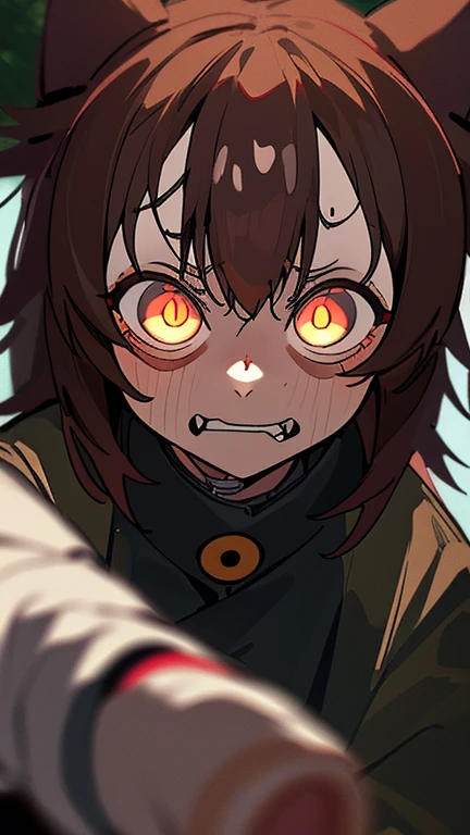 (highest quality), 1 girl, :d, head tilt, inugami korone, brown hair, dog ears,((dark forest)),((Horror Live)),(She is holding a flashlight),((She has a terrified look on her face:1.5)),(She&#39;s on the run from a killer:1.5),