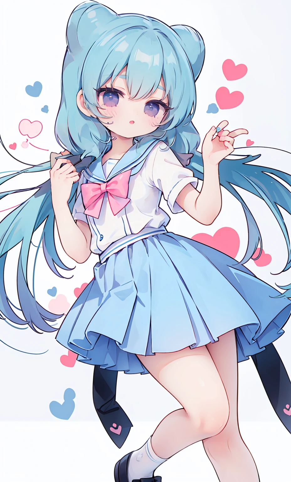 masterpiece, best quality, high resolution, aabeta, double, white simple background, standing, slim waist, cute, sailor uniform, pink bow tie, blue skirt, (PastelColors: 1.3)