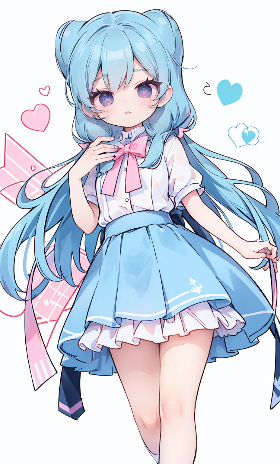 masterpiece, best quality, high resolution, aabeta, double, white simple background, standing, slim waist, cute, sailor uniform, pink bow tie, blue skirt, (PastelColors: 1.3)