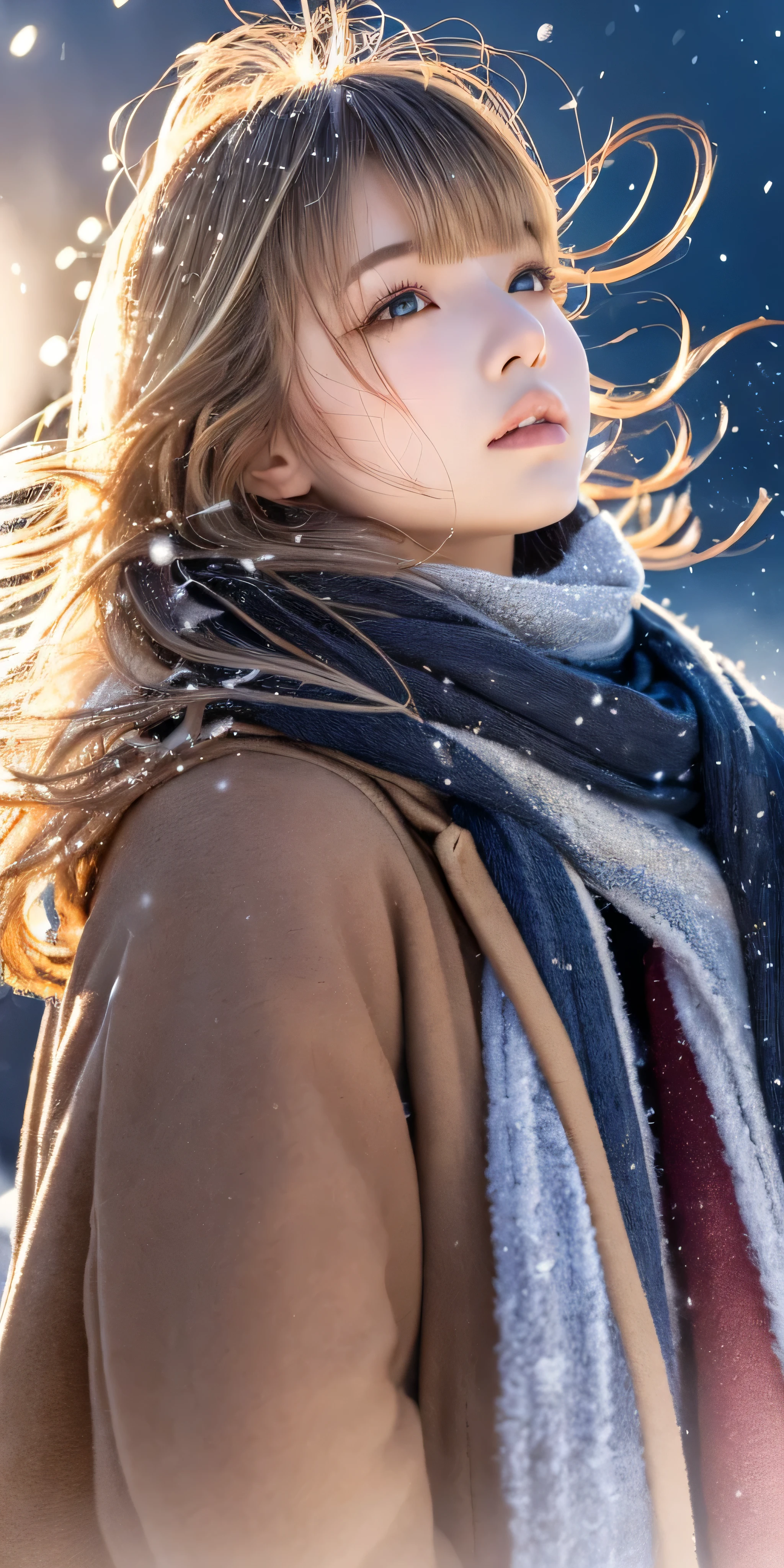 ((hair blowing in the wind、no makeup:1.2))、(realistic、Photoreal、Super detailed、best detailed skins、highest quality、masterpiece、超A high resolution)、cute russian woman、14 years、high school girl、young girl、1 girl、have bangs、ash blonde:1.7、double eyelid、drooling eyes、Japanese style face、purity、realistic skin type、thick muffler、Gray muffler、fluffy hair、((There'hair in scarf:1.3))、red cheeks、The wind is blowing、that'It's snowing、night、illumination、Lighting from behind、hair blowing in the wind、((Antarctica、A meteor shower、A world view of the aurora))