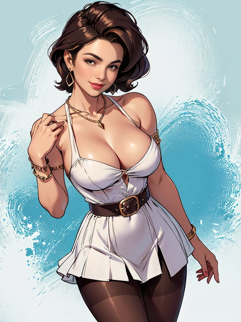 1woman 30year old, pin-up,solo, straight hair, looking at viewer, cleavage, bare shoulders, beautifil face,shy smile, jewelry, medium breasts, earrings, colored soft dress, pantyhose,belt, necklace, bracelet, lips, armlet,((dynamic angle))