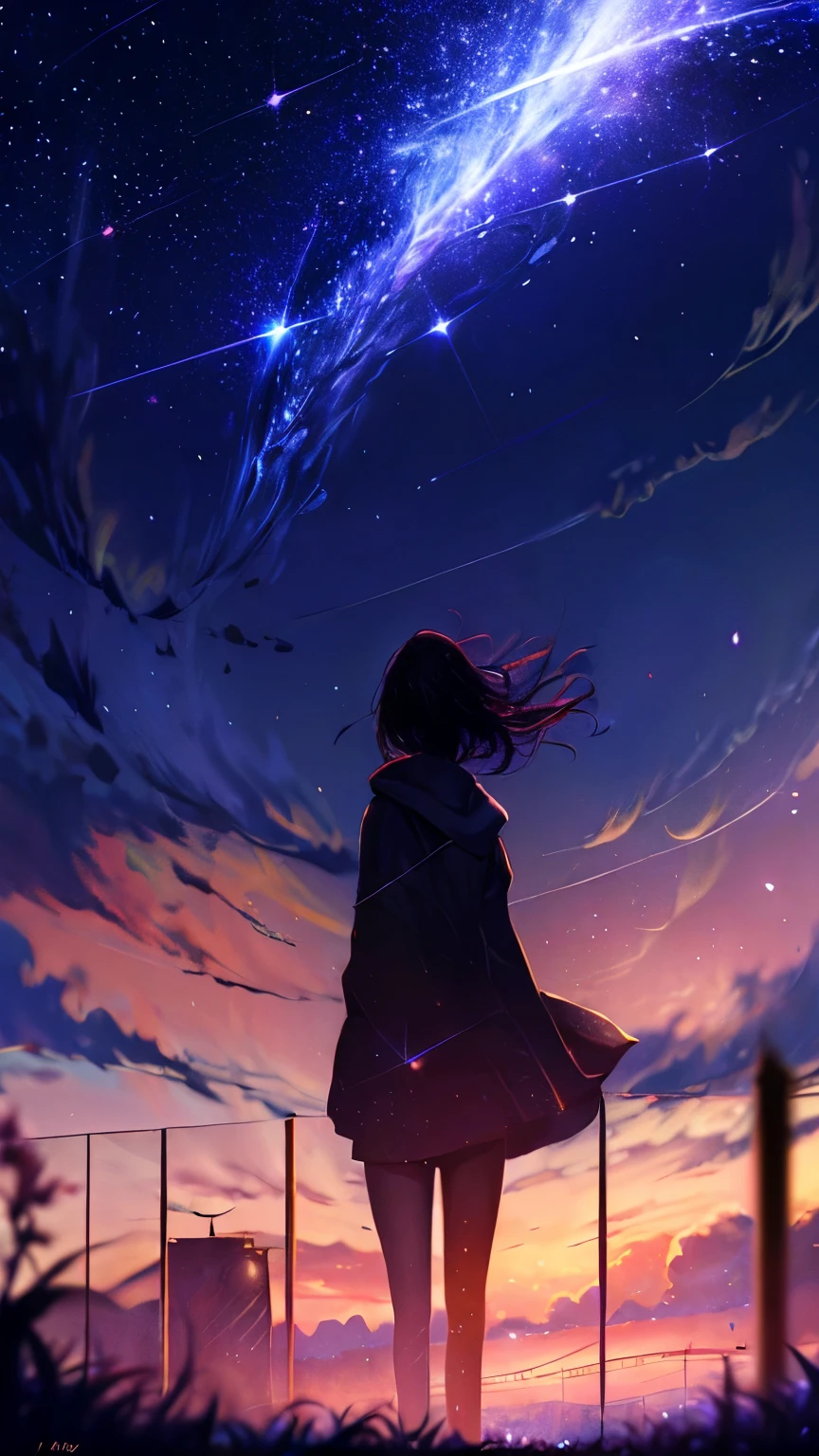 巨大な光り輝くCherry treeのある風景を描写してください., starry sky,Colorful nebulae and your favorite constellations,There are no people,background only,milky way,Cherry tree