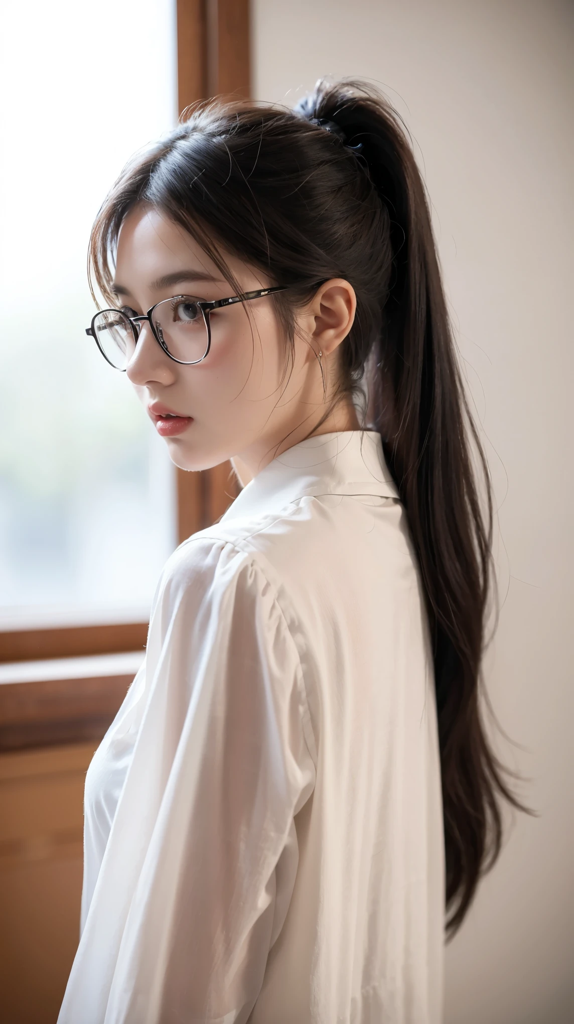 ((best quality)), ((masterpiece)), (detailed), (photorealistic:1.4), best quality, masterpiece, ultra high res, 1girl, (detailed face:1.2), (detailed eyes:1.2), (detailed hair:1.2), (detailed clothes:1.2), 4k, (detailed color:1.2), perfect face, beautiful body, pretty face, ager female, perfect body, Ultra-high detail, Photorealism, Intimate atmosphere, flowing light, black straight hair, ponytail, glasses, white blouse, black coat, unbuttoned coat, at the office, angle from behind