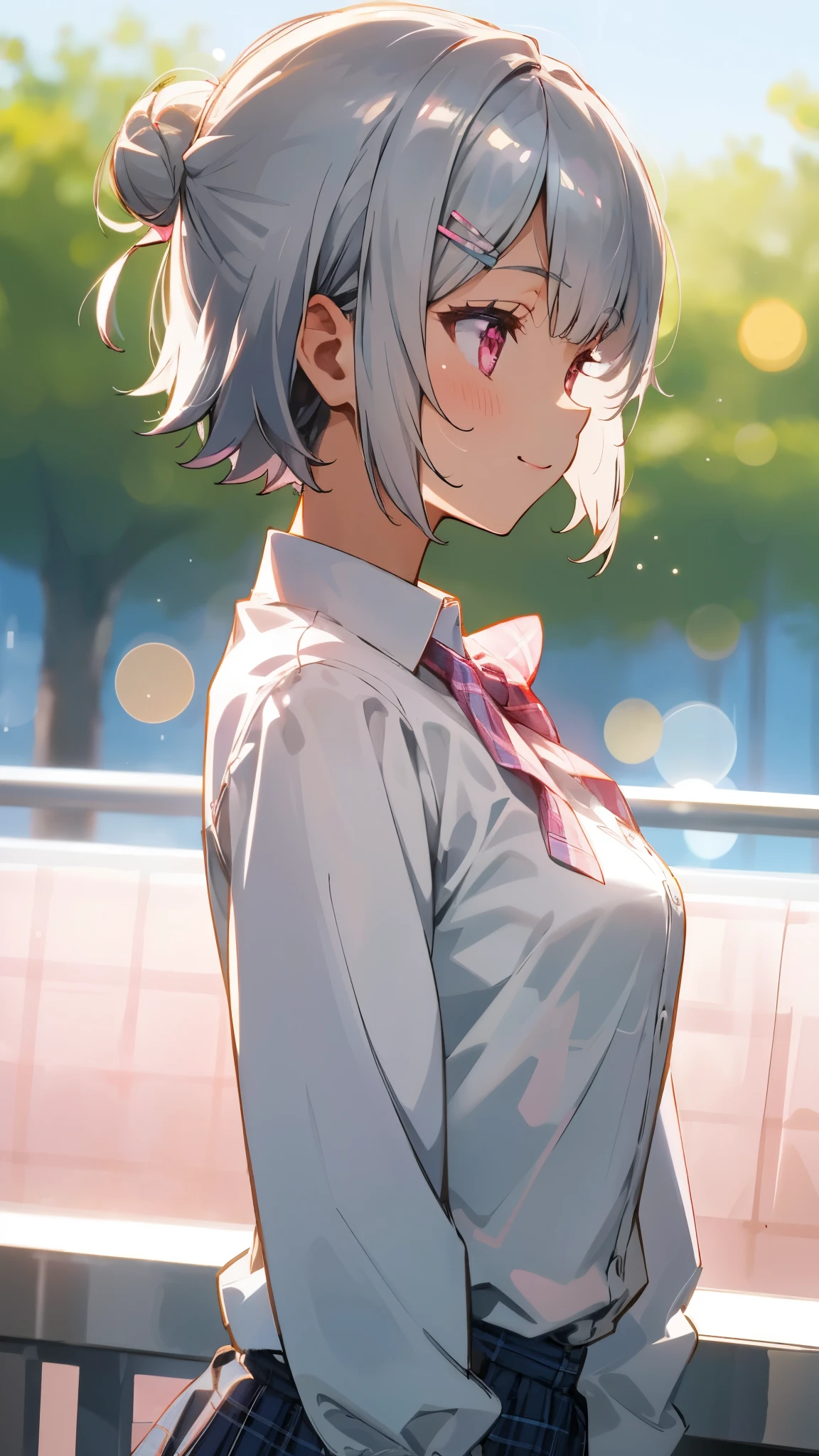silver short hair and bob hair、I tied my hair in a bun with a hair clip..、pink eyes、white blouse shirt、tartan check skirt、smile、profile、upper body close-up、sharp outline、Morning Cafe Terrace、background bokeh、written boundary depth