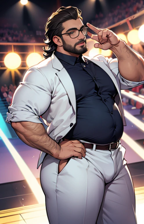 Just plump, chubby, extremely thick thighs, large belly, obra de arte,maximum quality,day comerciant,gordo,gordo guy,Uma moreno,breve lenda,barba,oculos de sol,Eu tenho uma barriga grande exposta,The face is big,Posture of speaker gesturing with hands to the audience encouraging them,Notas voadoras,Moedas Voadoras,tesouro,luzes de holofotes, imagem de corpo inteiro
