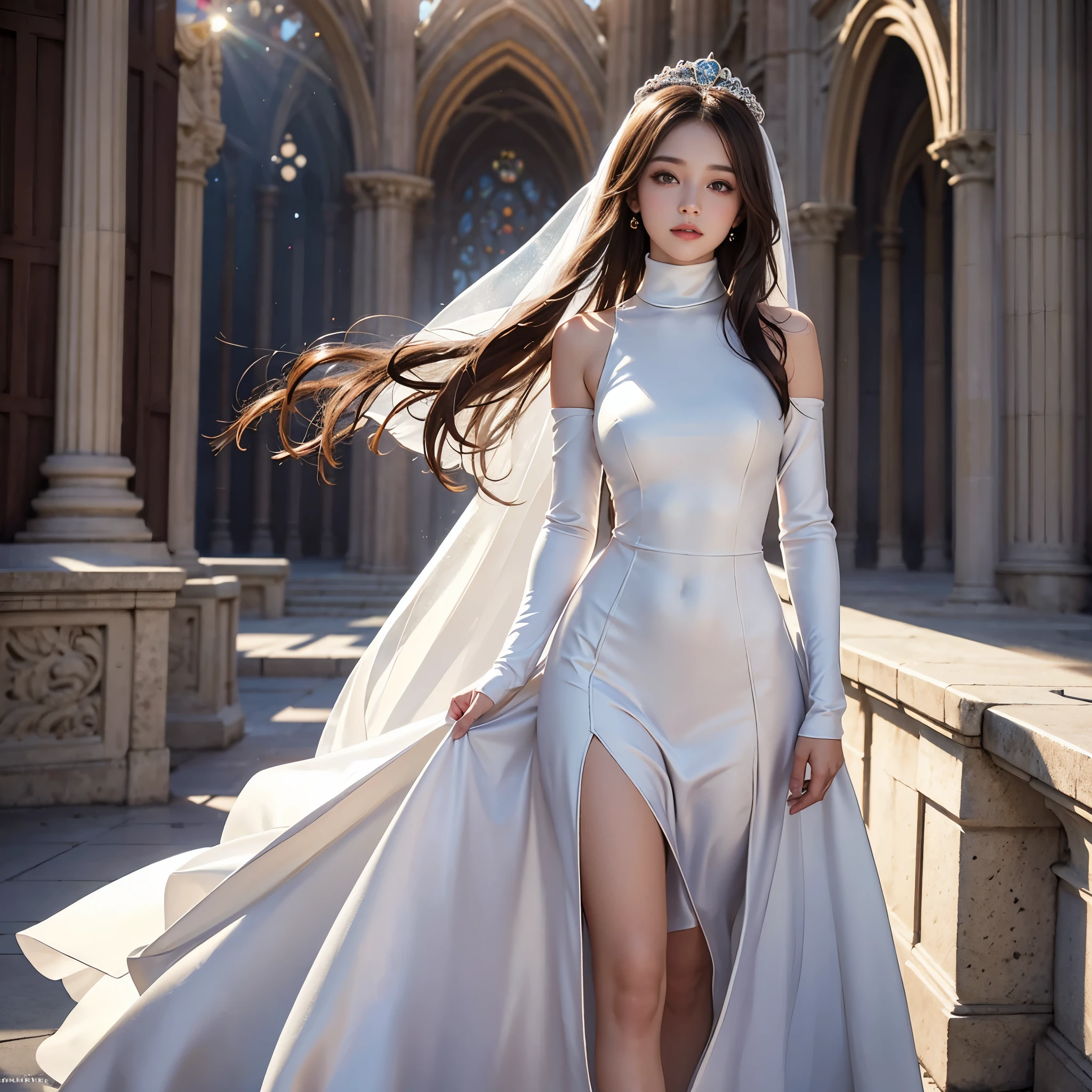 best quality, masterpiece, 1 girl, yak, cute , shiny lips, sweet, sun glare, Conservative attire, turtleneck wedding dress, Bridal tiara, depth of field, blurred background, Cathedral Background, light particles, strong wind, head tilt