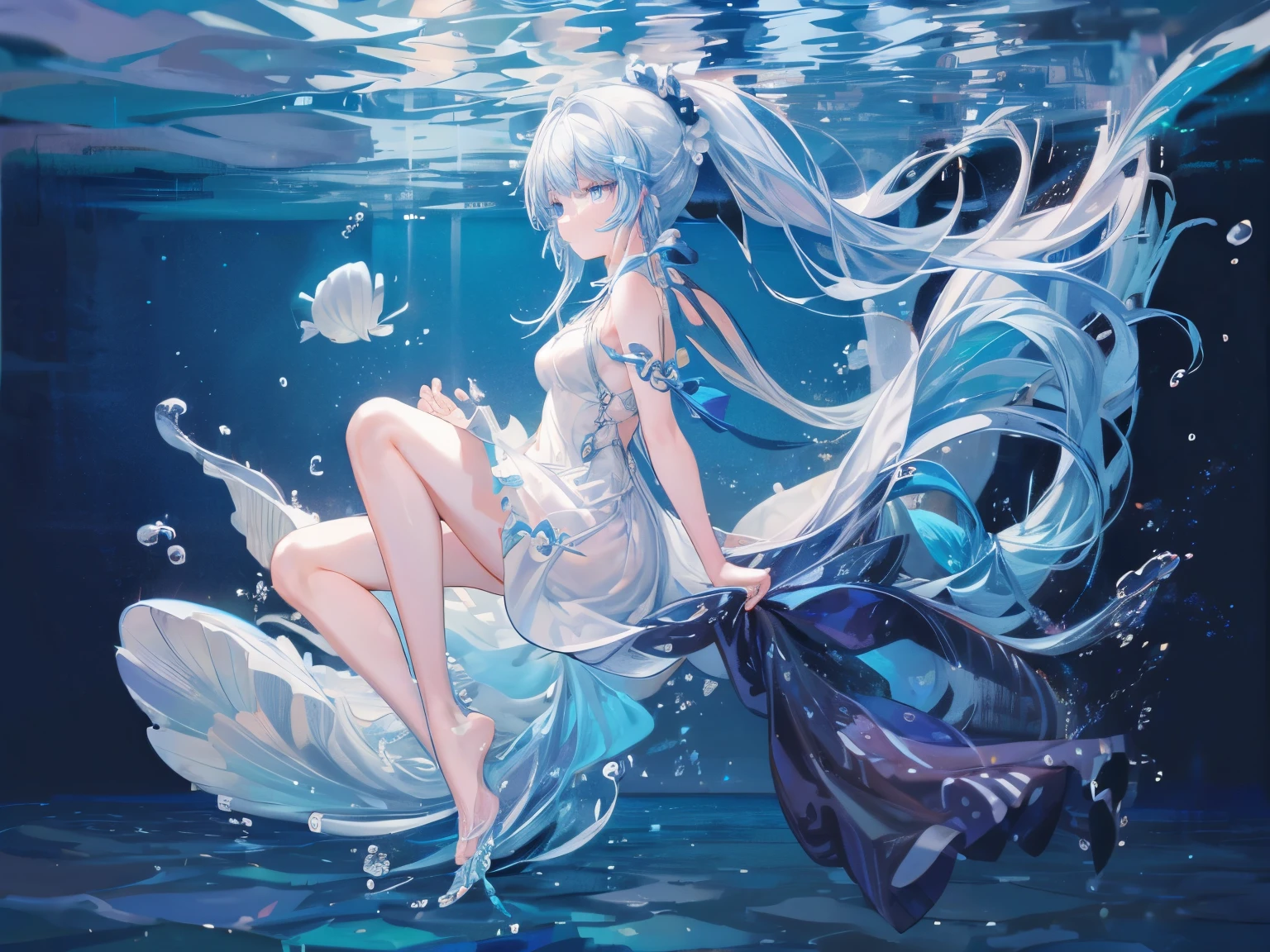 (Pianfei), (best quality), Very detailed, 1 girl, perfect face, (Personal full body photo:1.3), Very detailed顔，(Blue double ponytail hair:1.5)，(blue eyes:1.4)，(In the water:1.4)，(white dress:1.5)，ocean，Small schools of fish，Light，bubble，jellyfish，Ocean algae，red fish，yellow fish，Deep Ocean，fantasy，Ocean Bottom，float，(Ocean Bottom city:1.4)，Smile:1.3