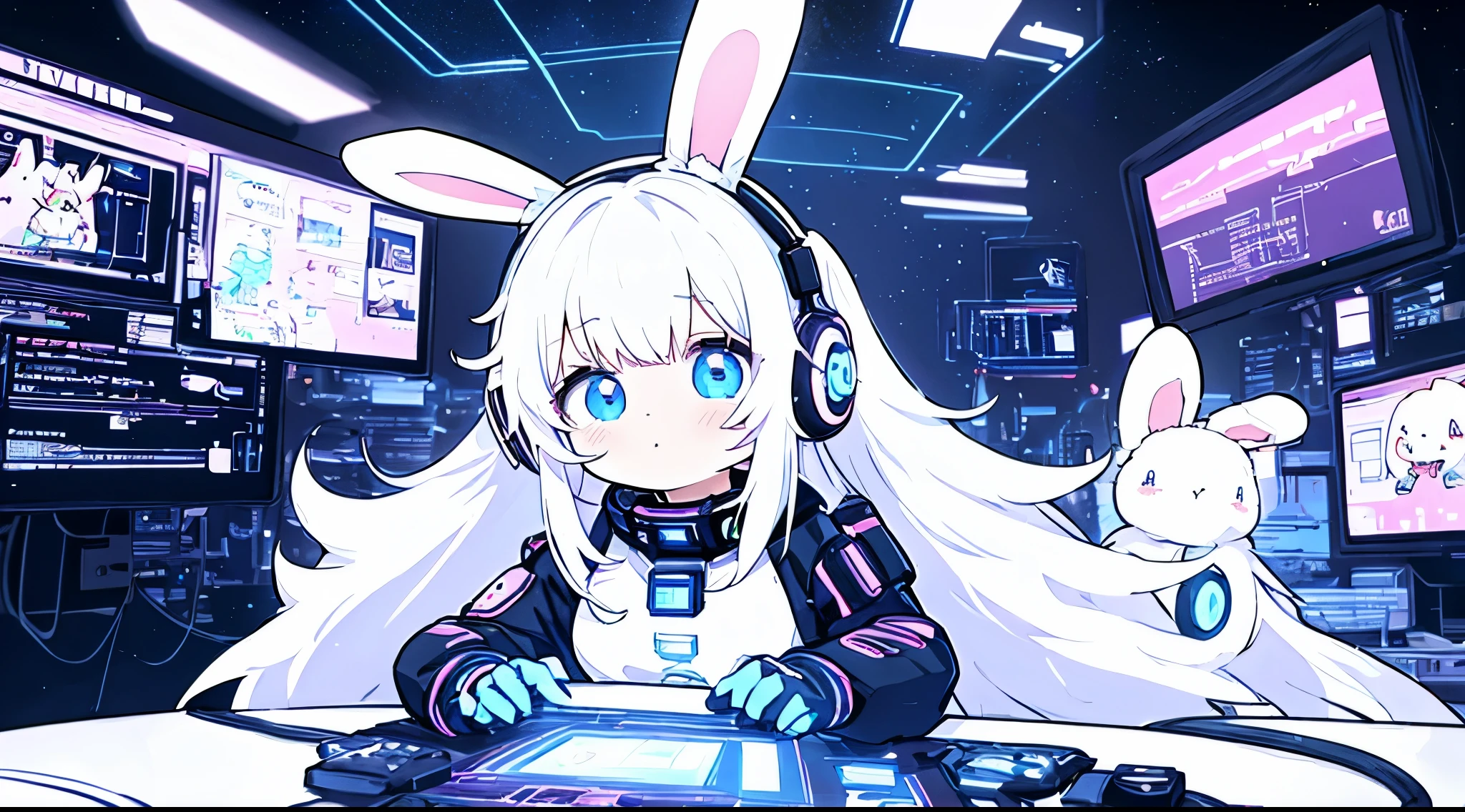 Anime white hair girl with headphones, wearing rabbit ears, cyber punk, digital anime illustration, Cute stuffed rabbit, cute art style, Milky Way, anime style 4k, Operating a futuristic machine on a space station,Psychedelic Color