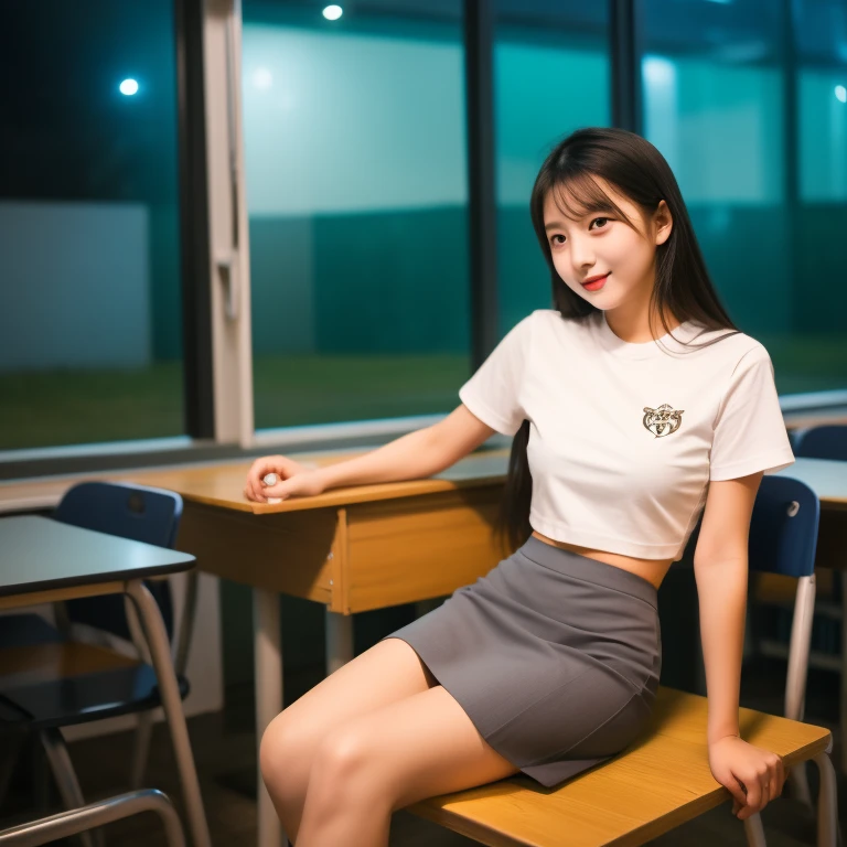 Female student,
Short gray skirt, tight white crop top t-shirt, sexy, snake wrapped around her thigh, pitch black cat on her lap, spider on the table, owl in the open classroom window, night.