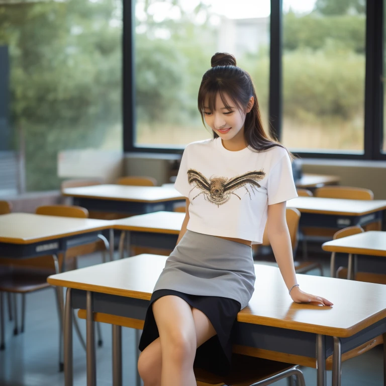 Female student,
Short gray skirt, tight white crop top t-shirt, sexy, snake wrapped around her thigh, pitch black cat on her lap, spider on the table, owl in the open classroom window, night.