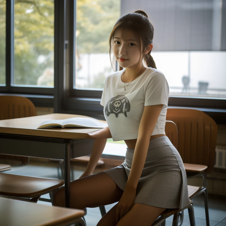 Female student,
Short gray skirt, tight white crop top t-shirt, sexy, snake wrapped around her thigh, pitch black cat on her lap, spider on the table, owl in the open classroom window, night.