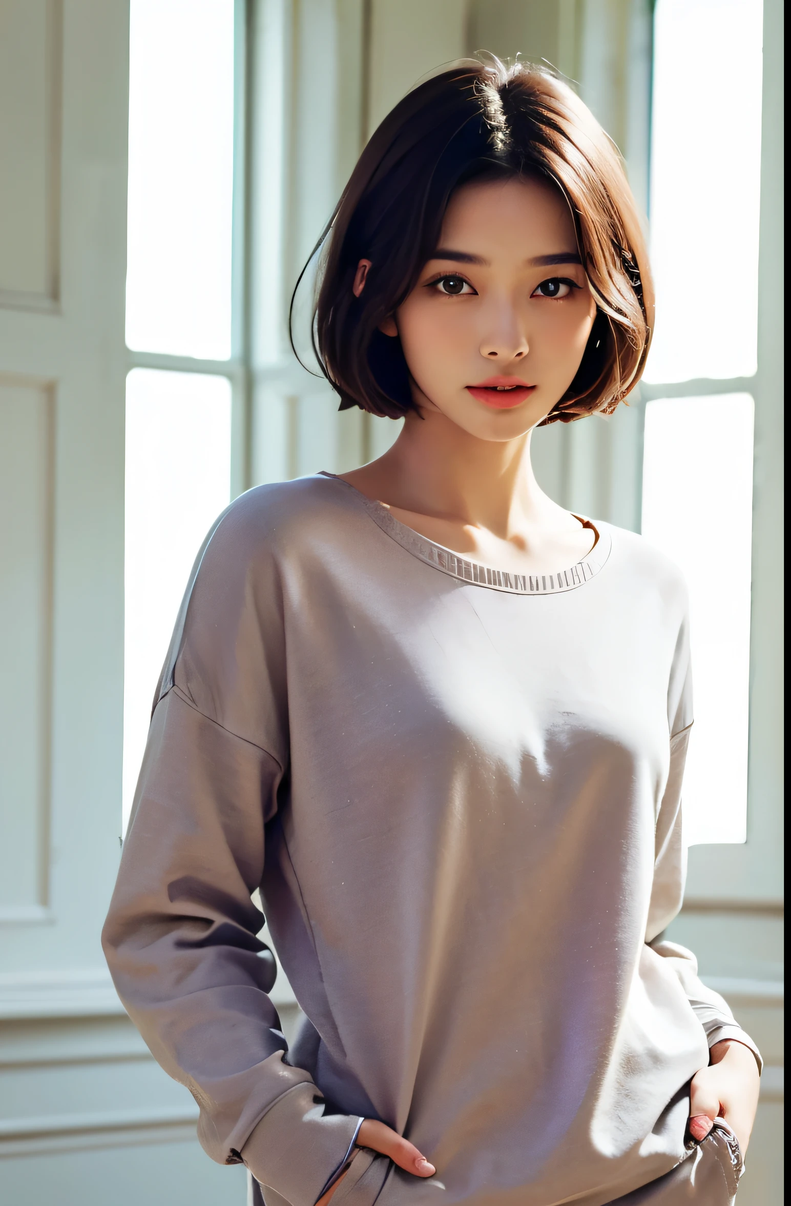 (Highest quality masterpiece: 1.3), A captivating portrayal of a woman's perfect face, with five fingers elegantly poised, showcasing a fashionable style. Her eyes, bright and expressive, add an allure to this eye-catching, elegant, and feminine image. Color scheme of soft pastels, a round neckline, and long sleeves, add to the springtime charm of this perfect outfit. Wearing a sweatshirt with a stylish print, today's adult ladies' fashion is on full display in this magnificent image. (Photorealistic: 1.4), Detailed facial features, immaculate skin texture,japanese woman、big breasts、Gazing at the audience、short bob