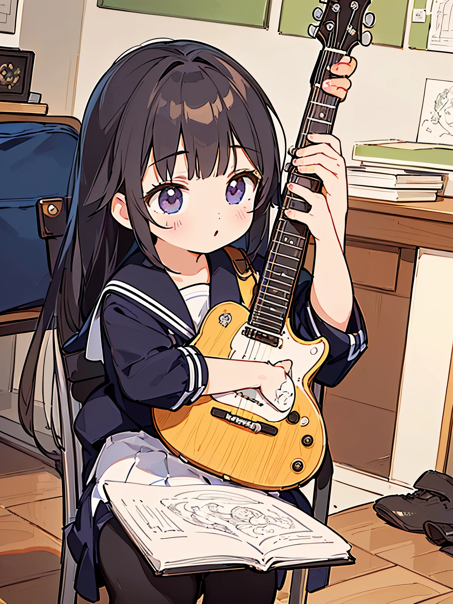 (obra maestra, Mejor calidad:1.2), 1 chica, solo,de pie_dividir, Hestia, pelo largo，nudity, playing guitar