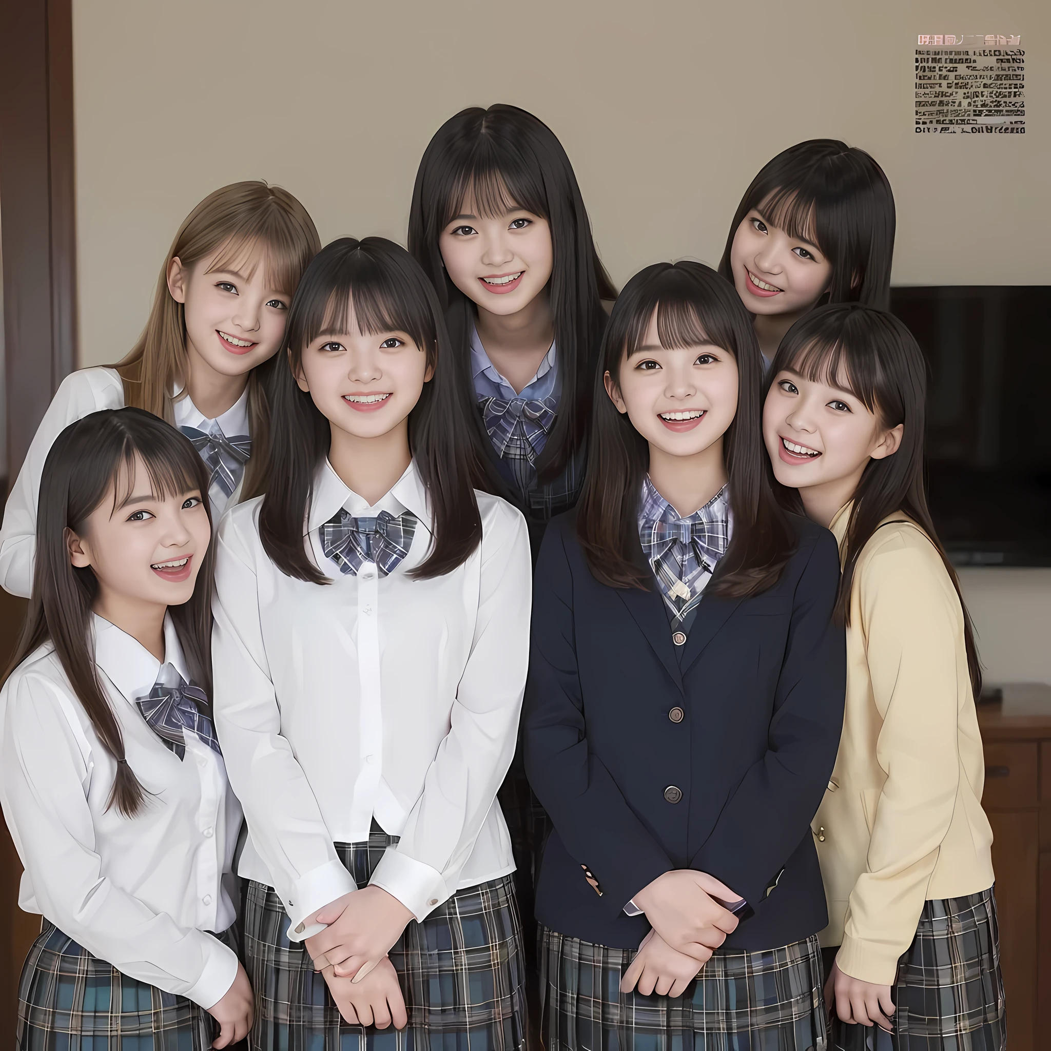 (highest quality、masterpiece:1.2)、highest quality、realistic、photograph、High resolution、1080p、8K、The face is especially pale., physical rendering、(((((Beautiful 15-year-old fashion models in a magazine for Japanese girls, 155cm tall, appeal to readers with how cute their uniforms are.))))), ((All are beautiful fashion models)), , (((big very detailed beautiful dark brown eyes))), ((blue girly large wine-red glossy polyester Japanese school ribbon bow tie)), (((black very beautiful and very very long straight hair))), ((((deep blue colored tartan checkered formal long pleated pleated skirt)))), ((A unpatterned formal dark blue blazer in solid that is slightly oversized and has an emblem on the left chest.)), (((((((all girls are laughing at me!))))))), mouth is open, The large blazer and skirt are very cute., detailed fingers, Slender body, ((curled bangs)), so beautiful, ((Very big and very very very cute eyes of a Japanese girl)), ((large pupils)), double eyelids, The entire skirt is photographed, thin eyebrows, ((drooping eyes)), (((very long eyelashes))), ((cute lovely lovely laughing laughing cheeks)), ((Pure white light hits her face from above and in the front, making her skin and eyes shine beautifully.)), ((Strong light hits the nose and cheeks、It brings out the richness of the expression.)), (((((Her face is expressive, pure and very intelligent.))))), (((All the girls are watching the audience))), (((((At a very gorgeous room)))))